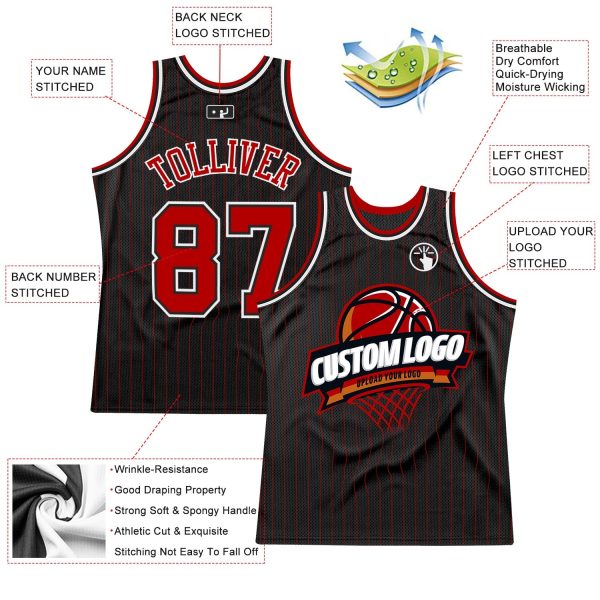 Black Red Pinstripe White Authentic Throwback Personalized Basketball Jersey - Image 2