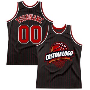 Black Red Pinstripe White Authentic Throwback Personalized Basketball Jersey