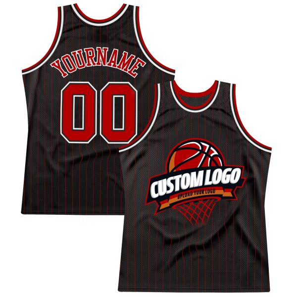 Black Red Pinstripe White Authentic Throwback Personalized Basketball Jersey