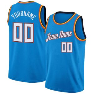 Blue White-Orange Round Neck Rib-Knit Personalized Basketball Jersey