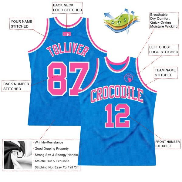 Blue Pink-White Authentic Throwback Personalized Basketball Jersey - Image 2