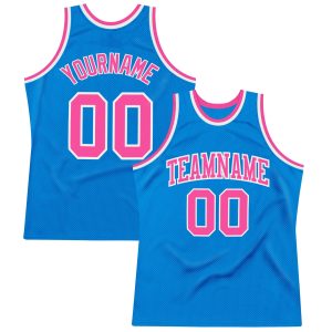 Blue Pink-White Authentic Throwback Personalized Basketball Jersey