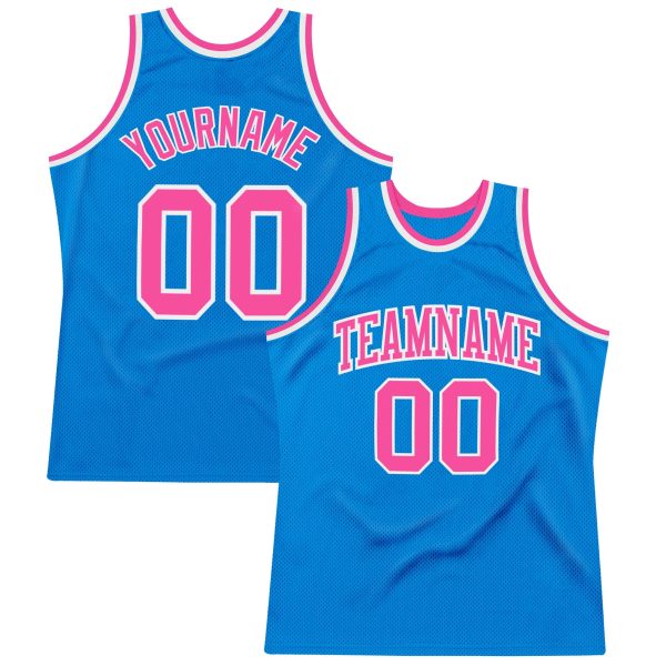 Blue Pink-White Authentic Throwback Personalized Basketball Jersey