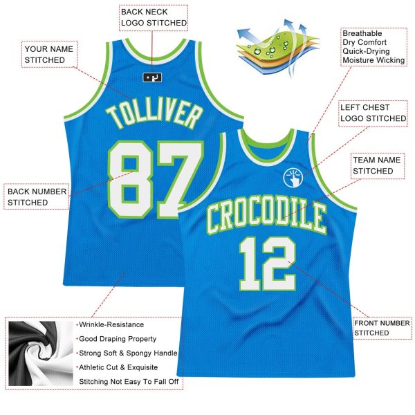 Blue White-Neon Green Authentic Throwback Personalized Basketball Jersey - Image 2