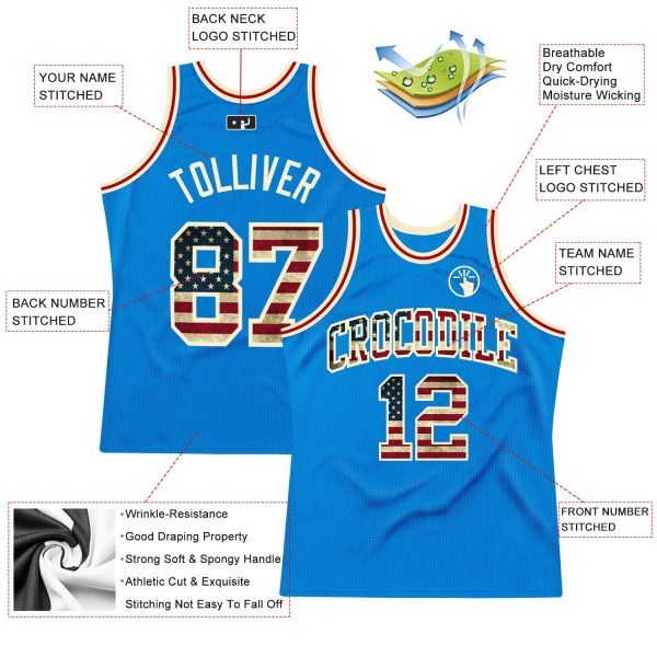 Blue Vintage USA Flag-Cream Authentic Throwback Personalized Basketball Jersey - Image 2