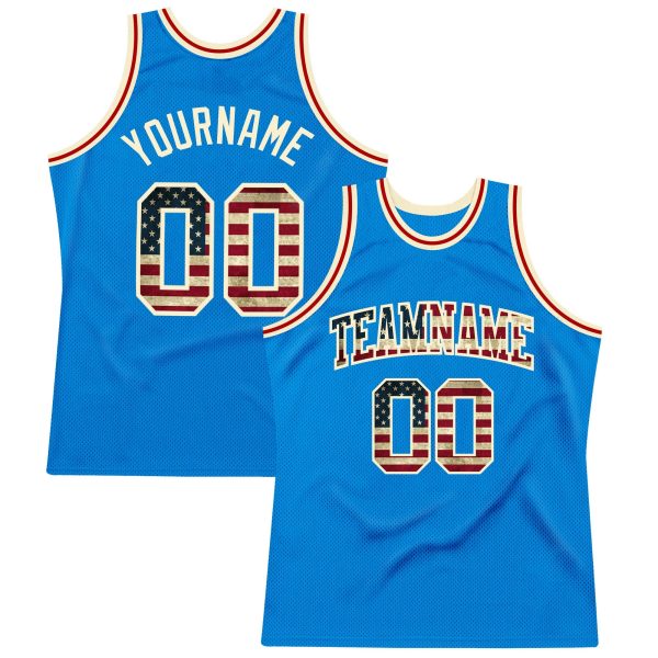 Blue Vintage USA Flag-Cream Authentic Throwback Personalized Basketball Jersey