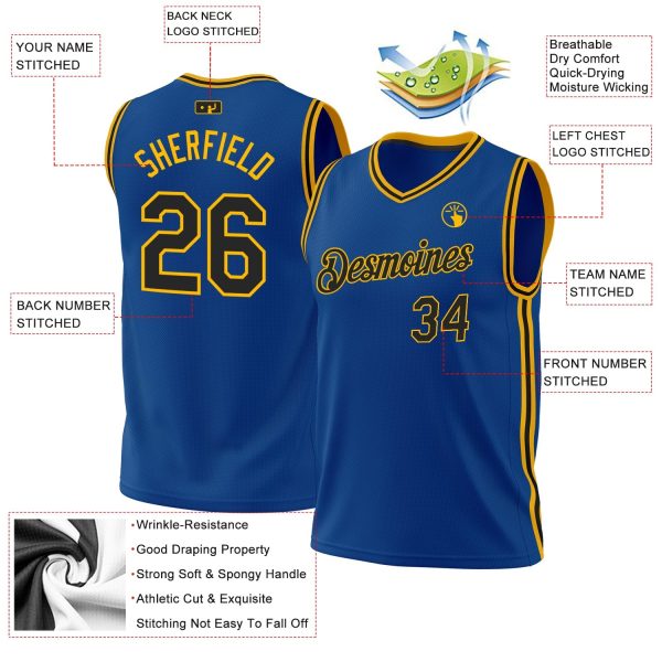 Blue Black-Gold Authentic Throwback Personalized Basketball Jersey - Image 3