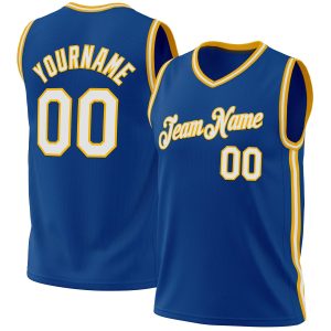 Blue White-Gold Authentic Throwback Personalized Basketball Jersey