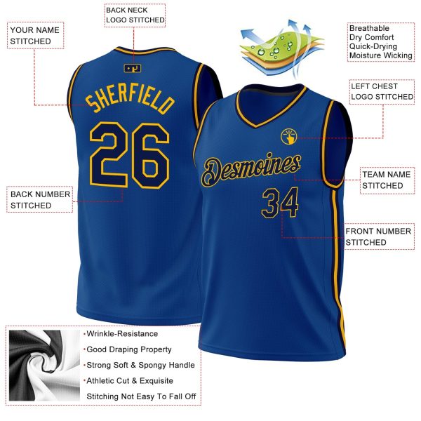 Blue Navy-Gold Authentic Throwback Personalized Basketball Jersey - Image 3
