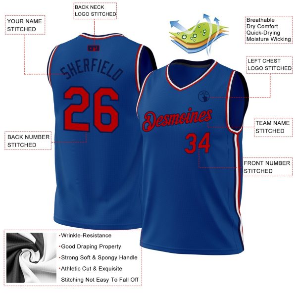 Blue Red-Navy Authentic Throwback Personalized Basketball Jersey - Image 3