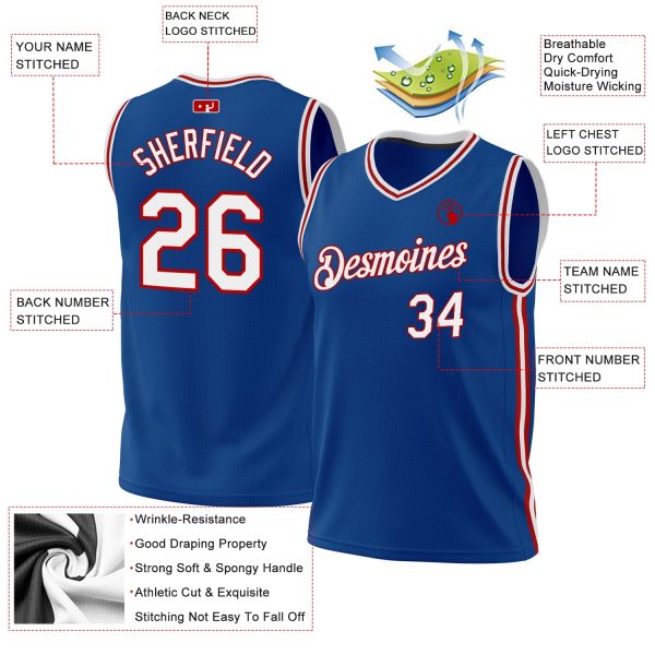 Blue White-Red Authentic Throwback Personalized Basketball Jersey - Image 3
