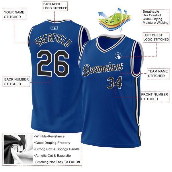 Blue Black-White Authentic Throwback Personalized Basketball Jersey - Image 3