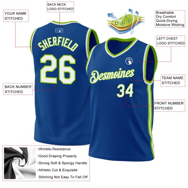 Blue White-Neon Green Authentic Throwback Personalized Basketball Jersey - Image 3