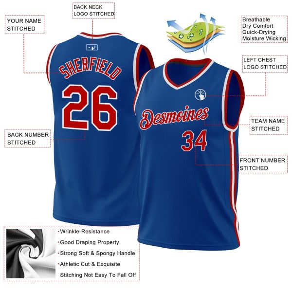 Blue Red-White Authentic Throwback Personalized Basketball Jersey - Image 3