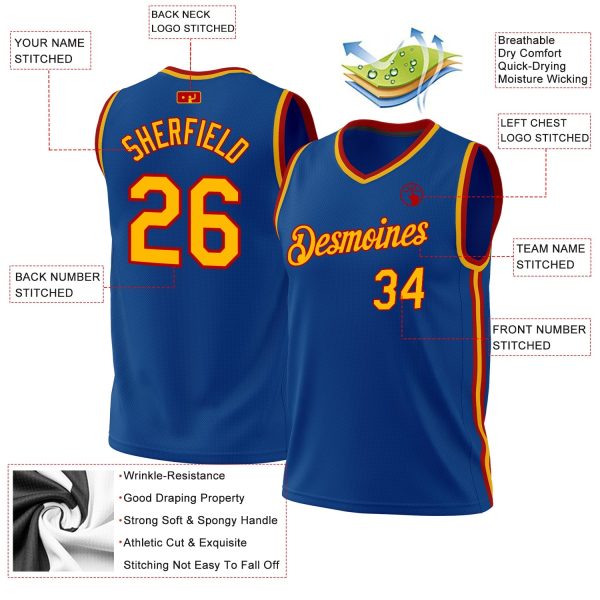 Blue Gold-Red Authentic Throwback Personalized Basketball Jersey - Image 3