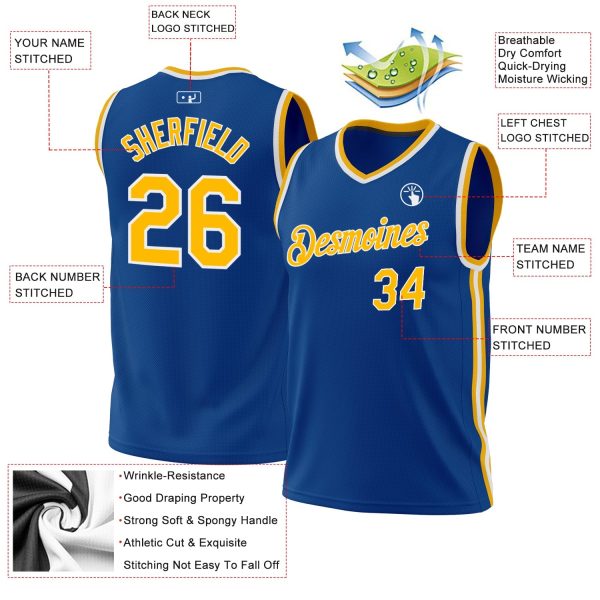 Blue Gold-White Authentic Throwback Personalized Basketball Jersey - Image 3