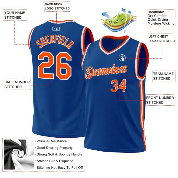 Blue Orange-White Authentic Throwback Personalized Basketball Jersey - Image 3