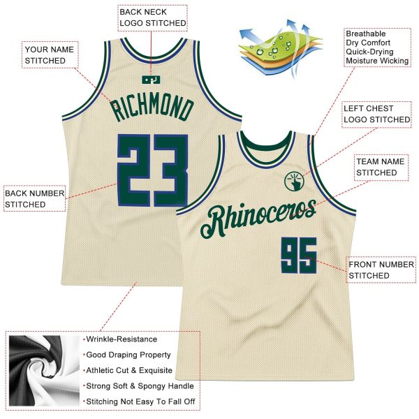 Cream Hunter Green-Royal Authentic Throwback Personalized Basketball Jersey - Image 3