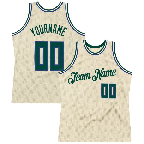 Cream Hunter Green-Royal Authentic Throwback Personalized Basketball Jersey