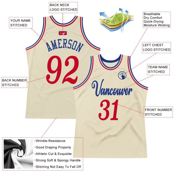 Cream Red-Royal Authentic Throwback Personalized Basketball Jersey - Image 2