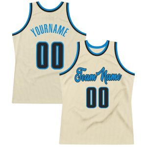 Cream Black-Blue Authentic Throwback Personalized Basketball Jersey