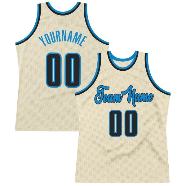 Cream Black-Blue Authentic Throwback Personalized Basketball Jersey