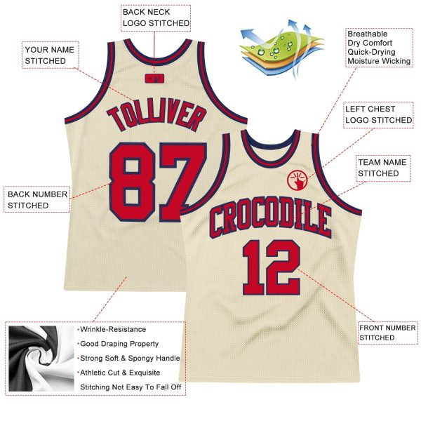 Cream Red-Navy Authentic Throwback Personalized Basketball Jersey - Image 2