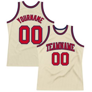 Cream Red-Navy Authentic Throwback Personalized Basketball Jersey