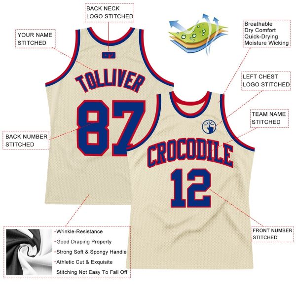 Cream Royal-Red Authentic Throwback Personalized Basketball Jersey - Image 2