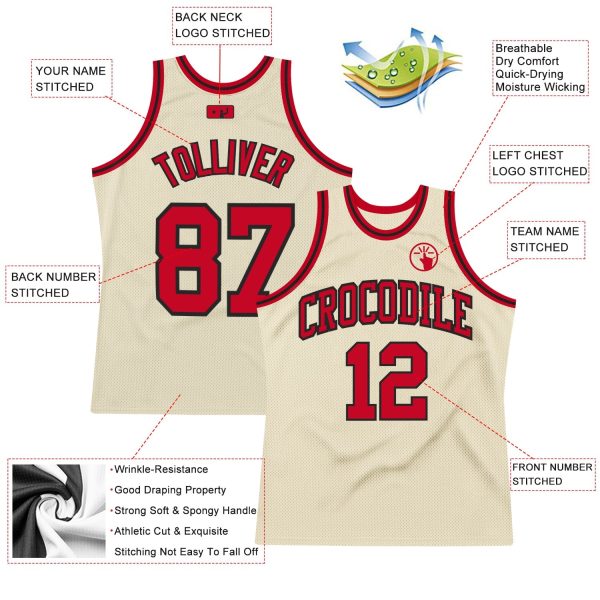 Cream Red-Black Authentic Throwback Personalized Basketball Jersey - Image 2