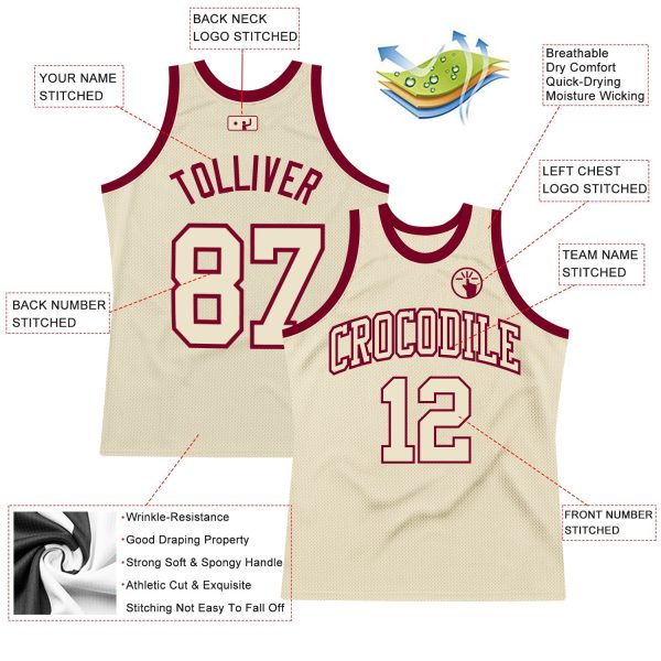 Cream Cream-Maroon Authentic Throwback Personalized Basketball Jersey - Image 2