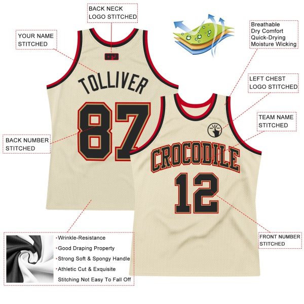 Cream Black-Red Authentic Throwback Personalized Basketball Jersey - Image 2