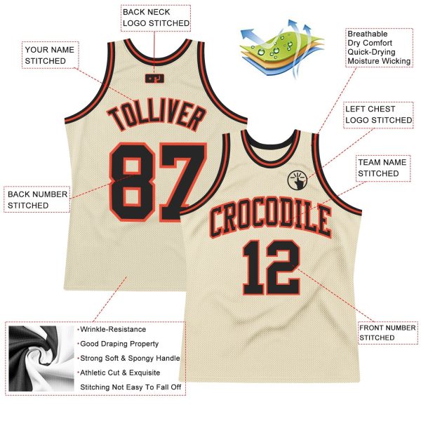 Cream Black-Orange Authentic Throwback Personalized Basketball Jersey - Image 2