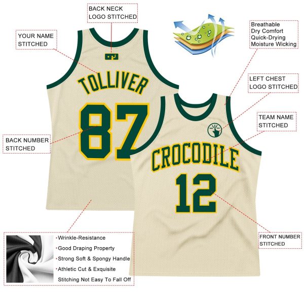 Cream Green-Gold Authentic Throwback Personalized Basketball Jersey - Image 2