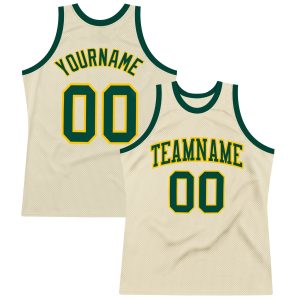 Cream Green-Gold Authentic Throwback Personalized Basketball Jersey