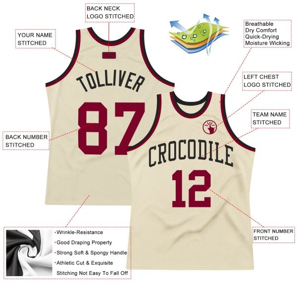 Cream Maroon-Black Authentic Throwback Personalized Basketball Jersey - Image 2