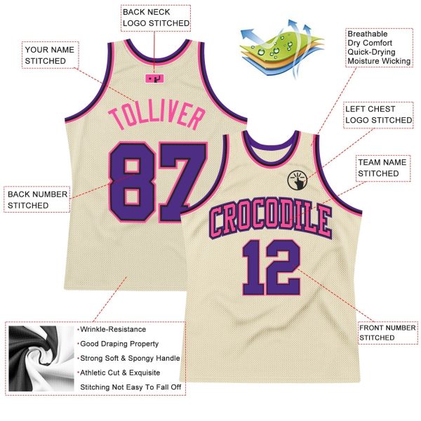 Cream Purple Black-Pink Authentic Throwback Personalized Basketball Jersey - Image 2