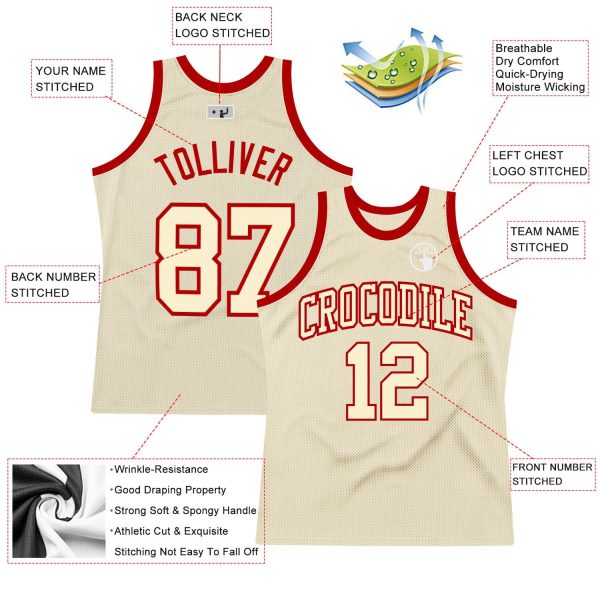 Cream Cream-Red Authentic Throwback Personalized Basketball Jersey - Image 2