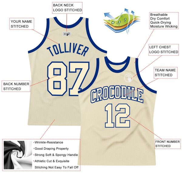 Cream Cream-Royal Authentic Throwback Personalized Basketball Jersey - Image 2