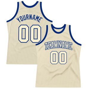 Cream Cream-Royal Authentic Throwback Personalized Basketball Jersey