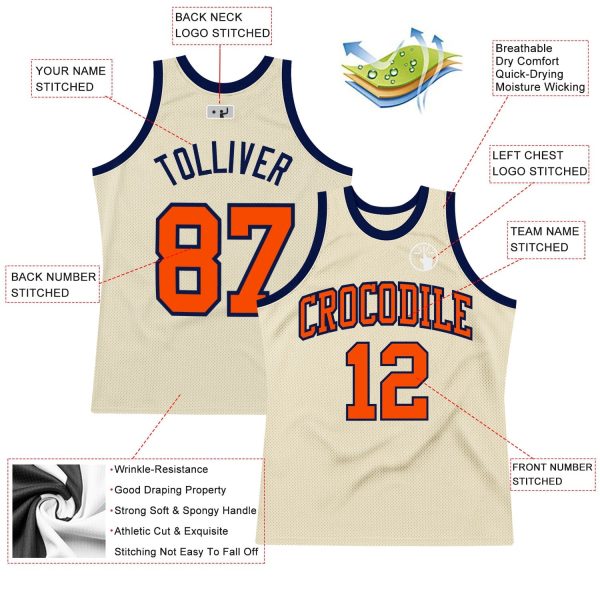 Cream Orange-Navy Authentic Throwback Personalized Basketball Jersey - Image 2