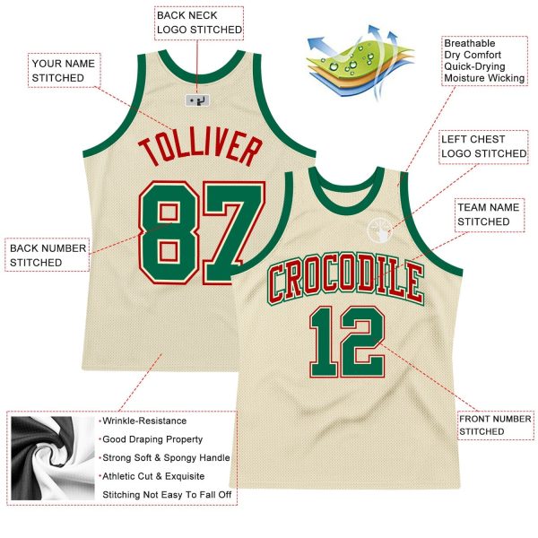 Cream Kelly Green-Red Authentic Throwback Personalized Basketball Jersey - Image 2