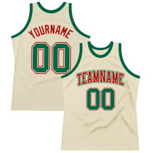 Cream Kelly Green-Red Authentic Throwback Personalized Basketball Jersey