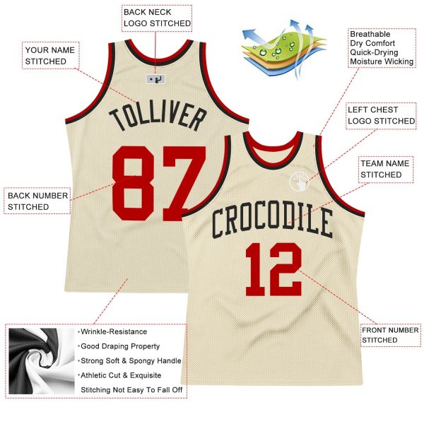 Cream Red-Black Authentic Throwback Personalized Basketball Jersey - Image 2