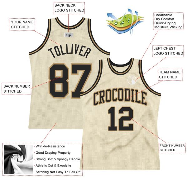 Cream Black-Old Gold Authentic Throwback Personalized Basketball Jersey - Image 2
