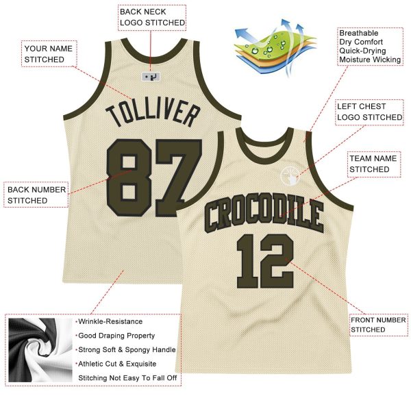 Cream Olive-Black Authentic Throwback Personalized Basketball Jersey - Image 2