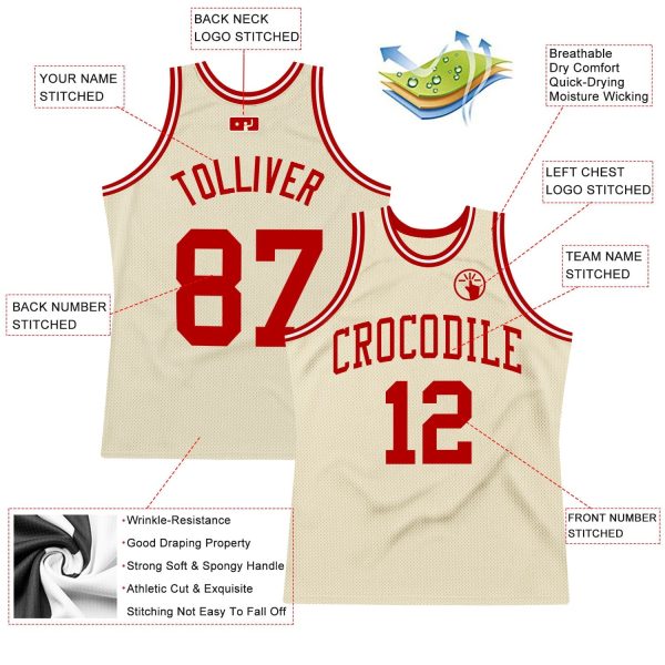 Cream Red-White Authentic Throwback Personalized Basketball Jersey - Image 2