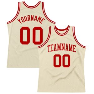 Cream Red-White Authentic Throwback Personalized Basketball Jersey