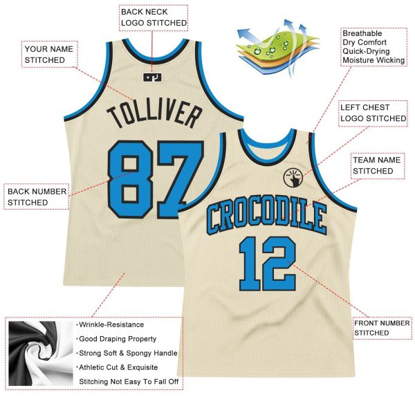 Cream Blue-Black Authentic Throwback Personalized Basketball Jersey - Image 2