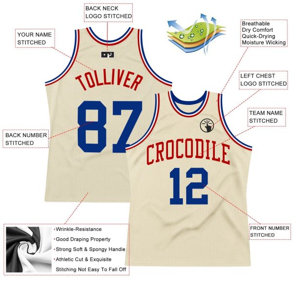 Cream Royal-Red Authentic Throwback Personalized Basketball Jersey - Image 2